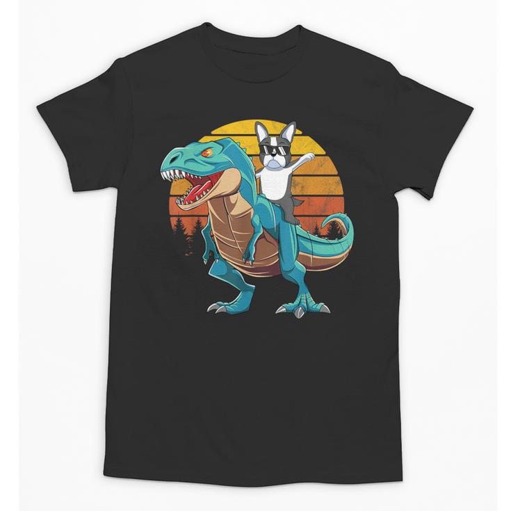 Boston Terrier Dog Riding Dinosaur T Rex Boys Unisex T-Shirt