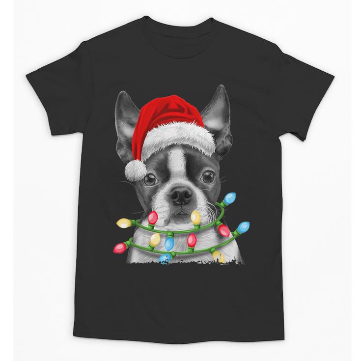 Boston Terrier Dog Santa Christmas Tree Lights Xmas Unisex T-Shirt