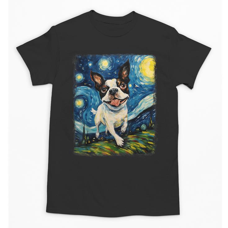 Boston Terrier Dog Starry Night Painting Unisex T-Shirt