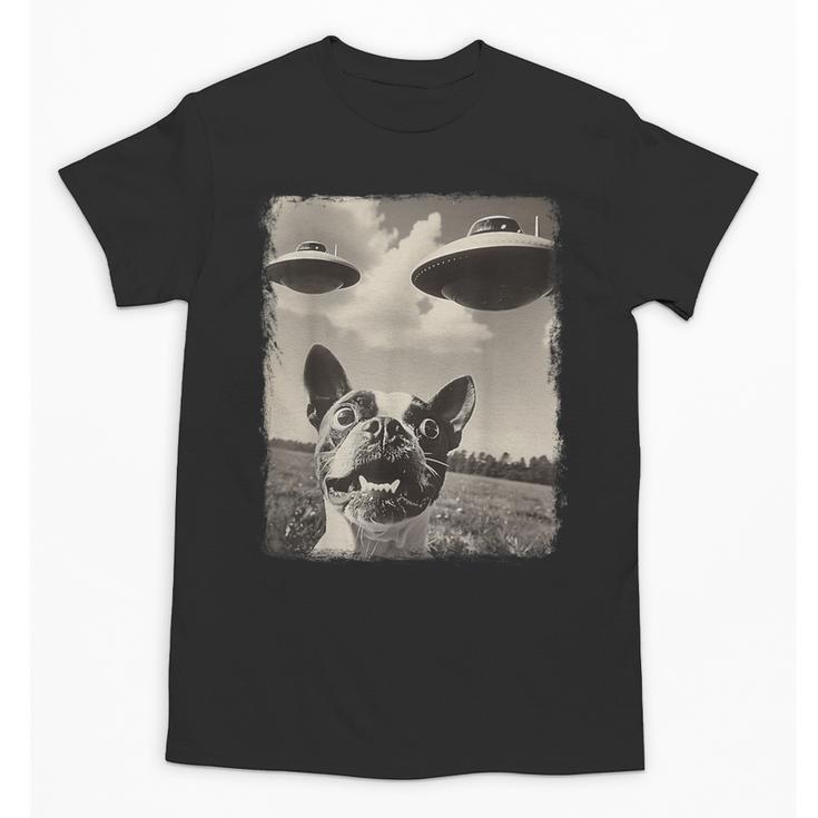 Boston Terrier Dog UFO Alien Extraterrestrial Selfie Unisex T-Shirt