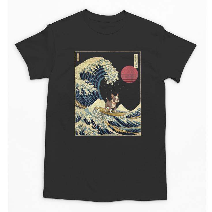 Boston Terrier Japanese Kanagawa Wave Surf Dog Unisex T-Shirt