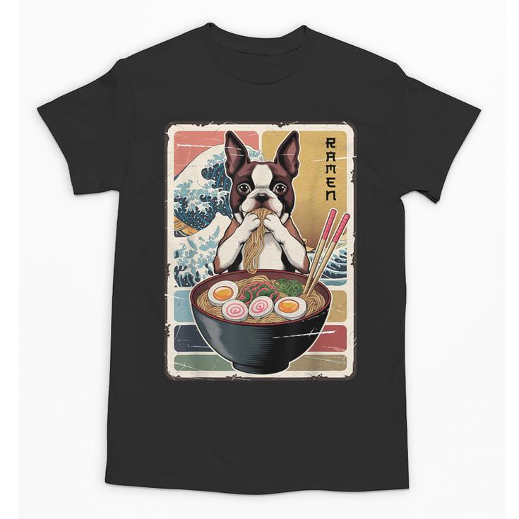 Boston Terrier Ramen Noodles Japanese Art Retro Ocean Waves Unisex T-Shirt