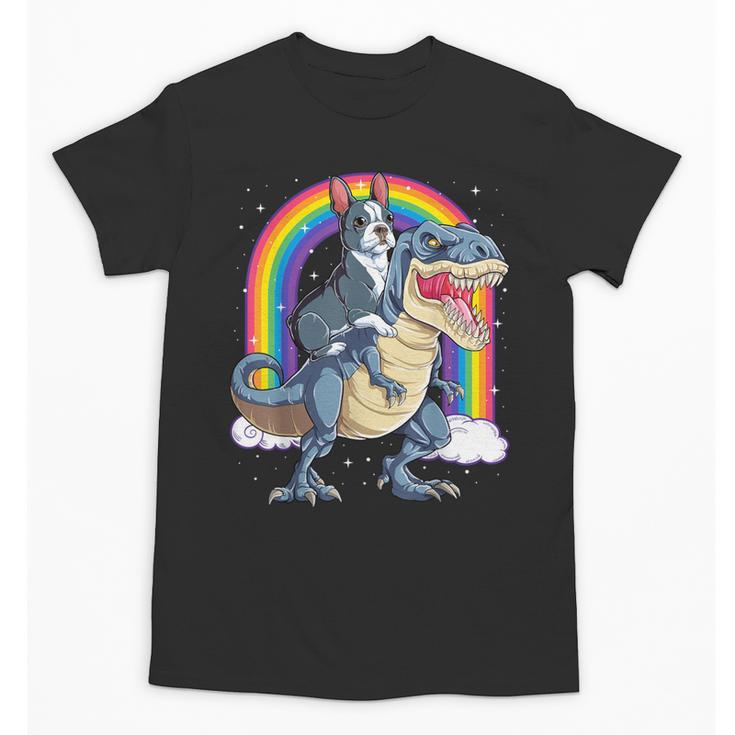 Boston Terrier Riding Dinosaur T-Rex Boys Kids Rainbow Unisex T-Shirt