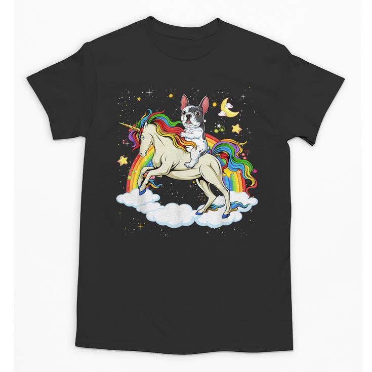 Boston Terrier Riding Unicorn Boys Girls Kids Rainbow Unisex T-Shirt