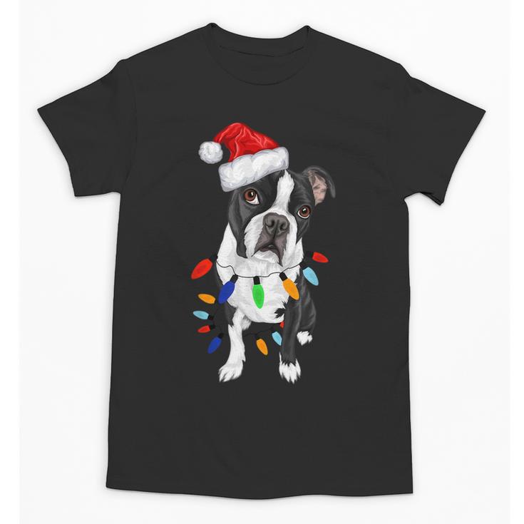 Boston Terrier Santa Christmas Lights Xmas Dog Lover Men Women Kids Unisex T-Shirt