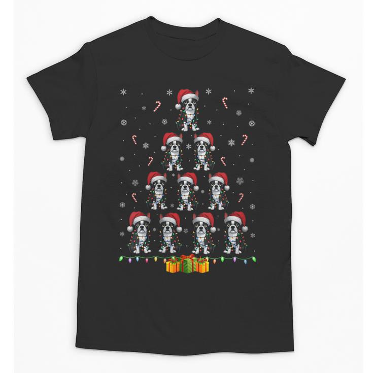 Boston Terrier Santa Hat Xmas Light Men Women Christmas Tree Unisex T-Shirt