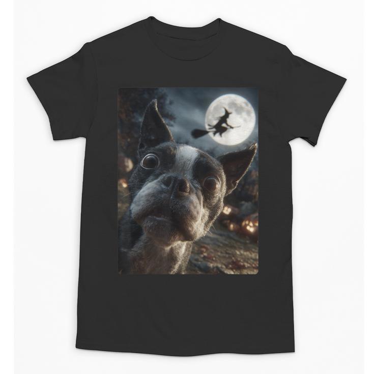 Boston Terrier Selfie Full Moon Flying Witch Halloween Dog Unisex T-Shirt