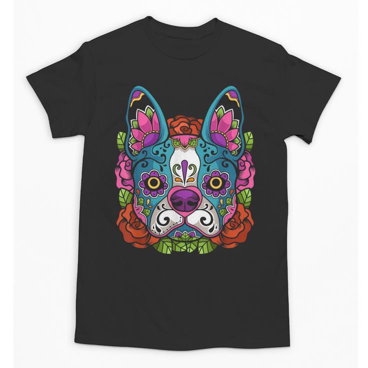 Boston Terrier Sugar Skull Dog Day Of The Dead Unisex T-Shirt