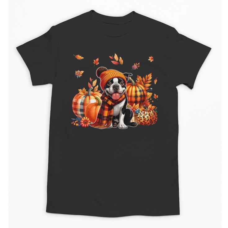 Boston Terrier Thanksgiving Leopard Pumpkins Fall Leaves Unisex T-Shirt
