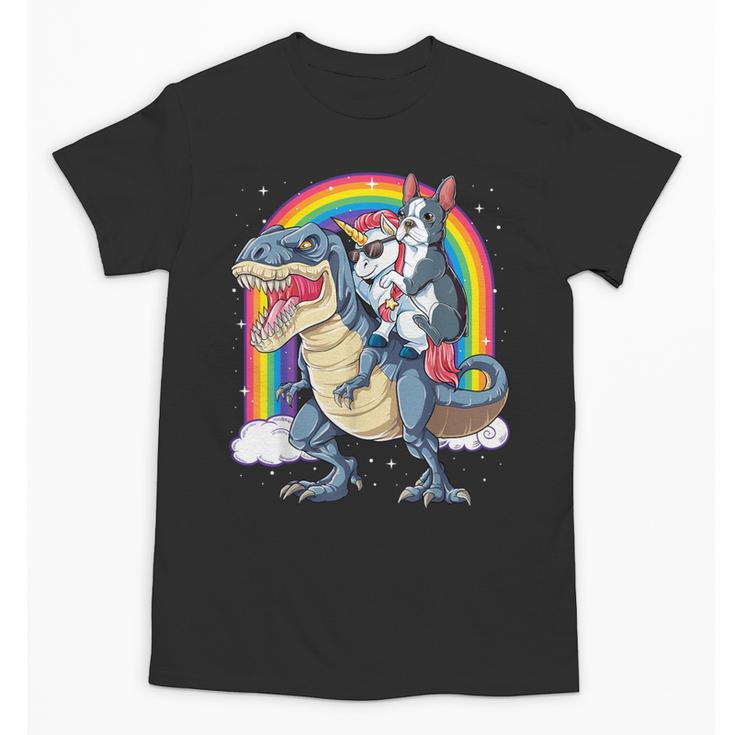 Boston Terrier Unicorn Riding Dinosaur T-Rex Girls Rainbow Unisex T-Shirt