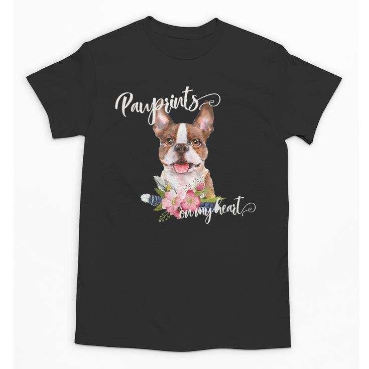 Brown Boston Terrier With Flowers And Feathers Unisex T-Shirt