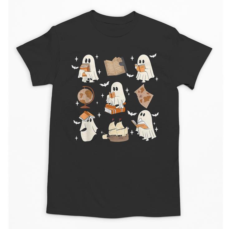 Cute Ghosts Reading Book Bookworm Halloween History Teacher Unisex T-Shirt