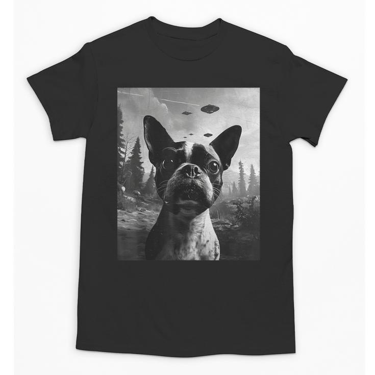 Dog Mom Dad Alien Selfie Boston Terrier UFO For Men Women Unisex T-Shirt