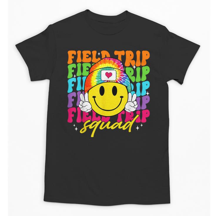 Field Trip Squad Groovy Field Day Smile Face Teacher Tie Dye Unisex T-Shirt