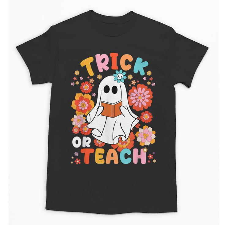 Groovy Halloween Trick Or Teach Retro Floral Ghost Teacher For Men Women Kids Unisex T-Shirt