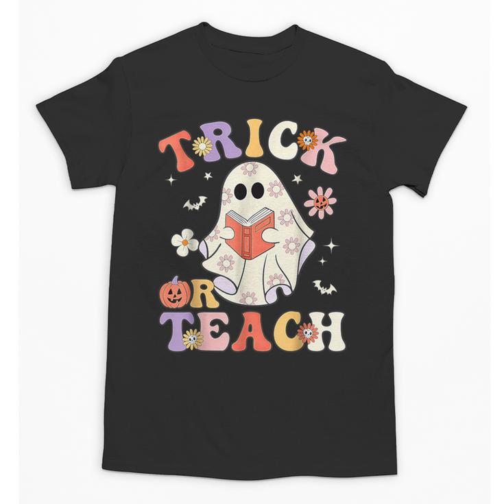 Groovy Halloween Trick Or Teach Retro Floral Ghost Teacher Unisex T-Shirt