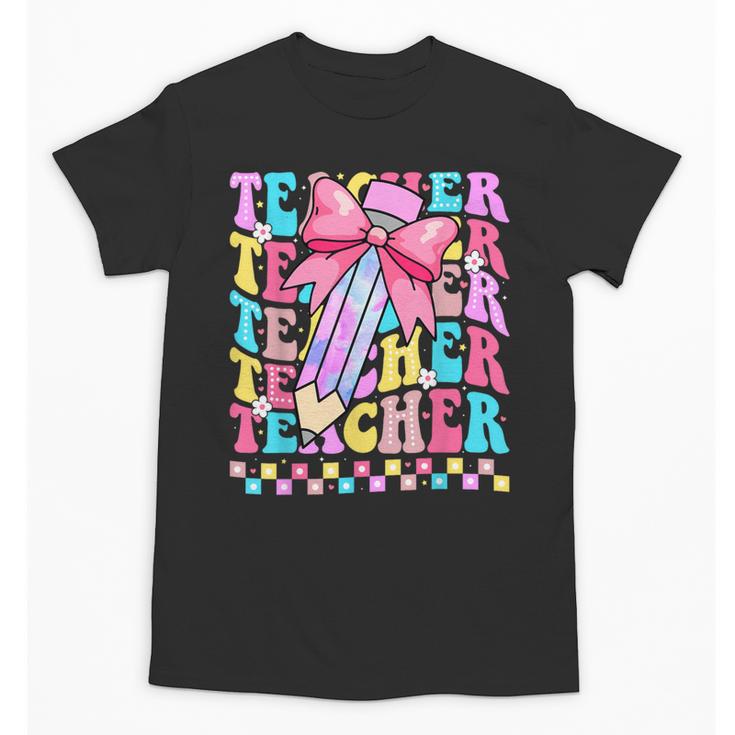 Groovy Teacher Cute Coquette Bow Flower Retro Back To School Unisex T-Shirt