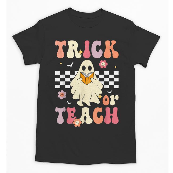 Groovy Teacher Halloween Retro Trick Or Teach Floral Ghost Unisex T-Shirt