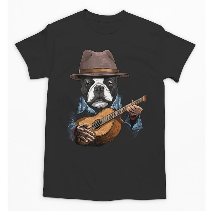 Guitar Shirt Boston Terrier Dog Playing Acoustic Guitar Unisex T-Shirt