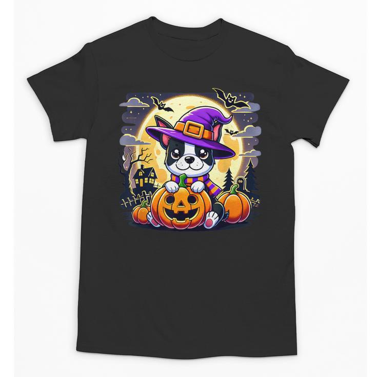 Halloween Boston Terrier Dog Breed With Jack O' Lantern Art Unisex T-Shirt