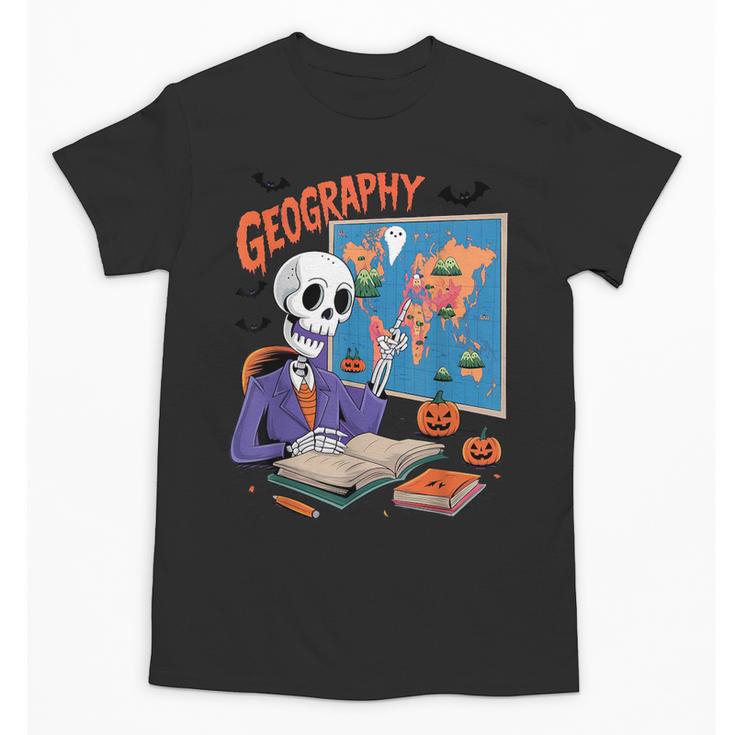 Halloween Skeleton Geography Teacher Pumpkin Bats Classroom Unisex T-Shirt