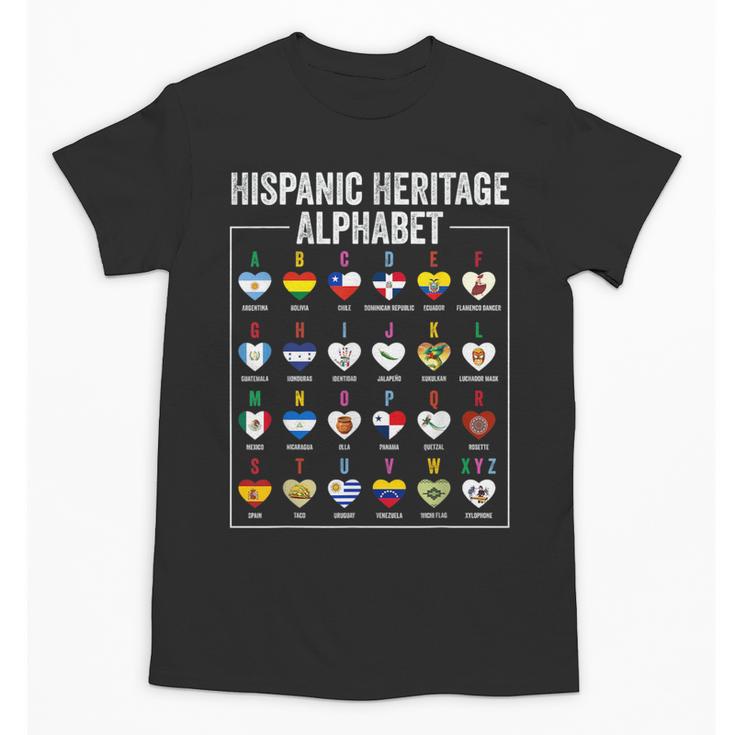 Hispanic Flags Alphabet Hearts Latin Heritage For Teacher Unisex T-Shirt