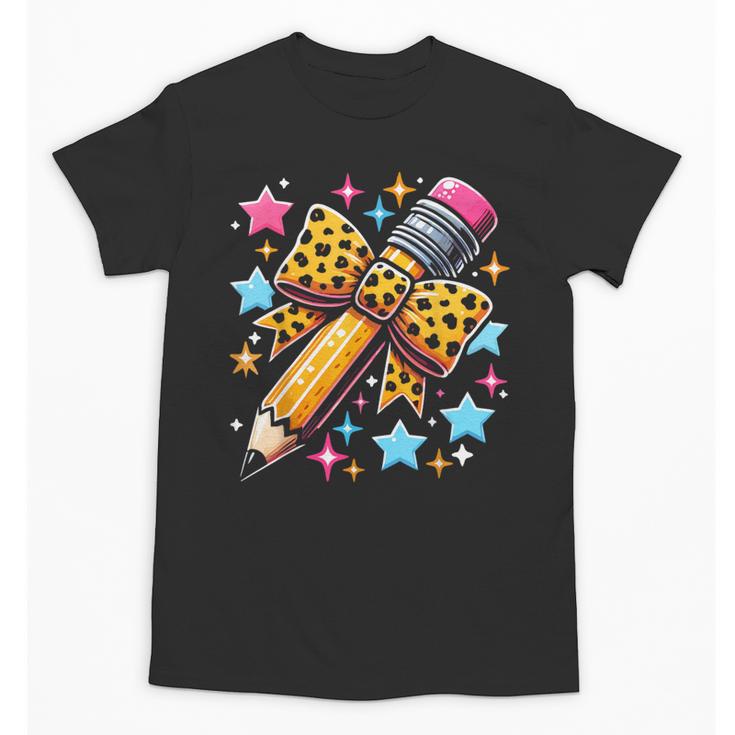 Pencil Leopard Coquette Bow Teacher Life Back To School Unisex T-Shirt