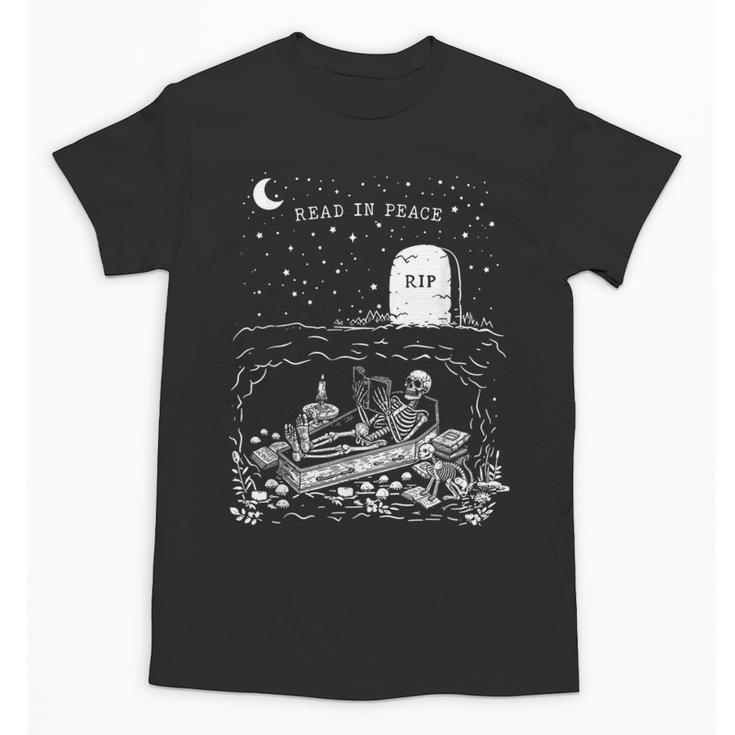 Read In Peace Skeleton Halloween Book Reading Spooky Teacher Unisex T-Shirt