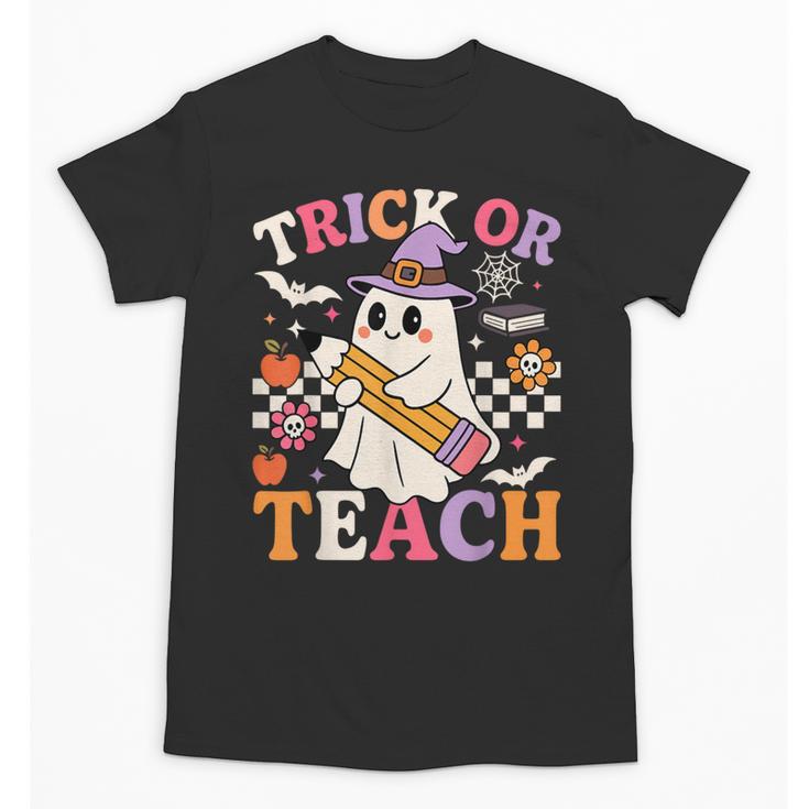 Retro Floral Ghost Trick Or Teach Groovy Teacher Halloween Unisex T-Shirt