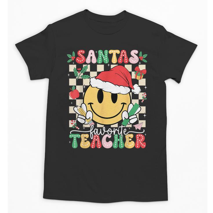 Santas Favorite Teacher Retro Groovy Smile Face Christmas Unisex T-Shirt