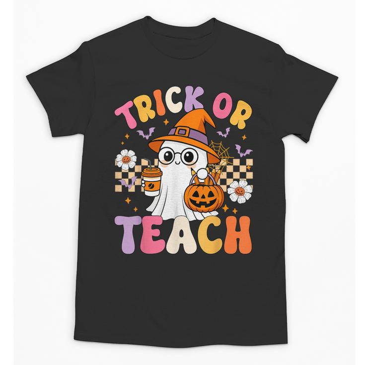 Trick Or Teach Cute Ghost Coffee Pumpkins Halloween Teacher Unisex T-Shirt