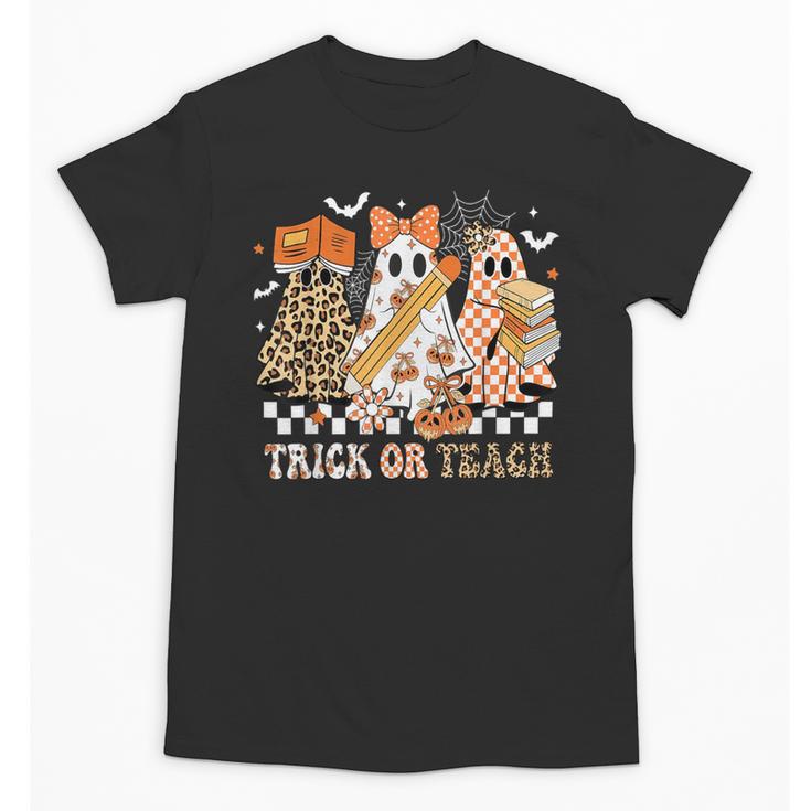Trick Or Teach Groovy Teacher Halloween Floral Ghost Unisex T-Shirt