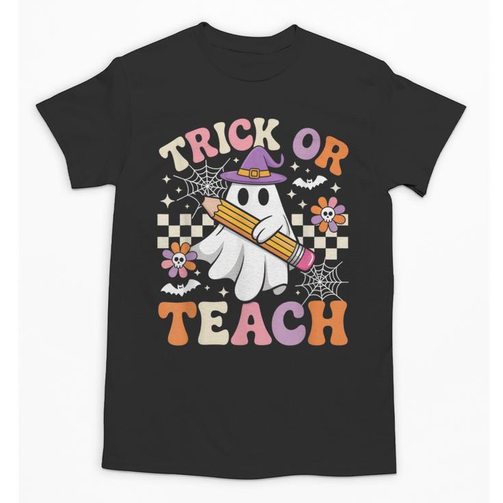 Trick Or Teach Groovy Teacher Halloween Retro Ghost Unisex T-Shirt
