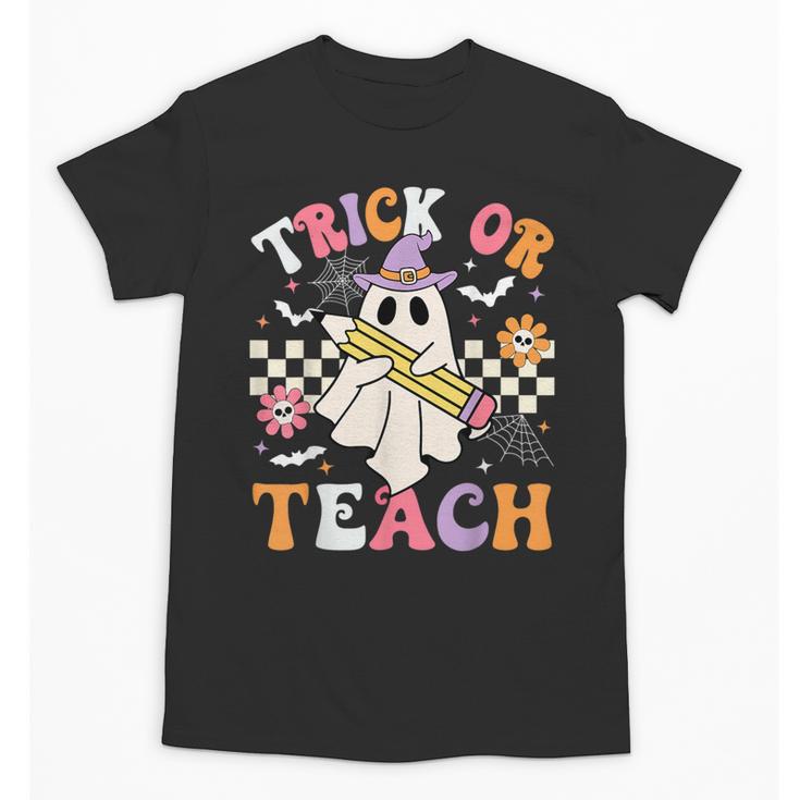 Trick Or Teach Groovy Teacher Halloween Retro Teacher Ghost Unisex T-Shirt