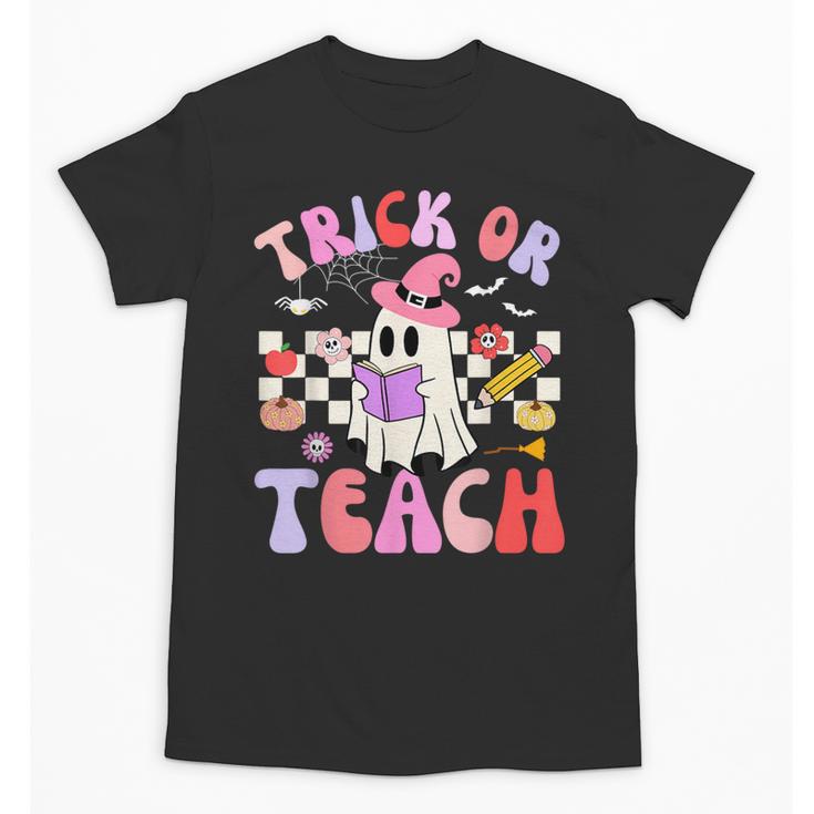 Trick Or Teach Halloween Teacher Floral Ghost Groovy Unisex T-Shirt