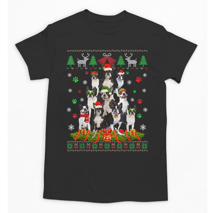 Ugly Sweater Christmas Tree Boston Terrier Dog Xmas Pajama Unisex T-Shirt