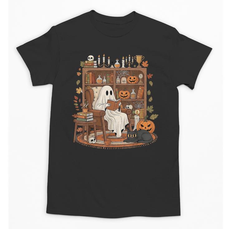 Vintage Ghost Book Reading Pumpkin Gothic Halloween Teachers Unisex T-Shirt