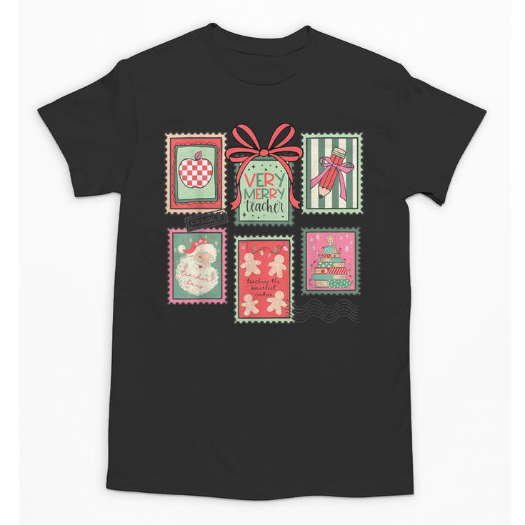 Vintage Preppy Very Merry Teacher Santa Stamps Christmas Unisex T-Shirt