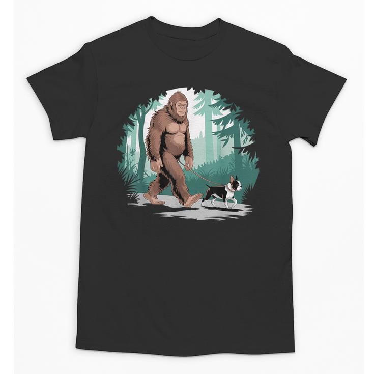 Whimsical Forest Adventures Sasquatch Bigfoot Walking Boston Terrier Dog Lovers Unisex T-Shirt