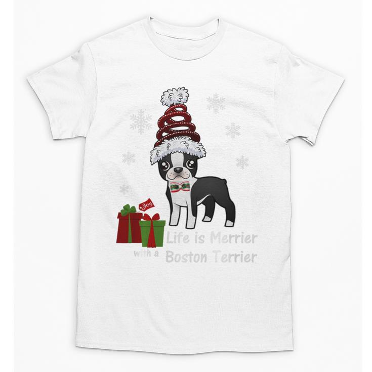 Boston Terrier Christmas T Shirt-Life Is Merrier Premium Tri-Blend Unisex T-Shirt