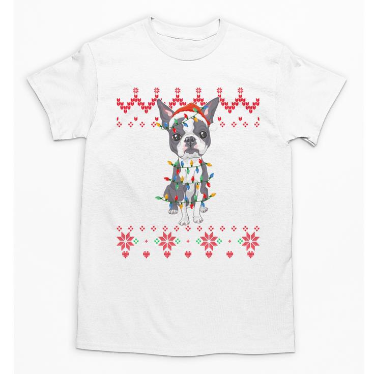 Boston Terrier Dog Santa Hat Men Kids Ugly Christmas Light Unisex T-Shirt
