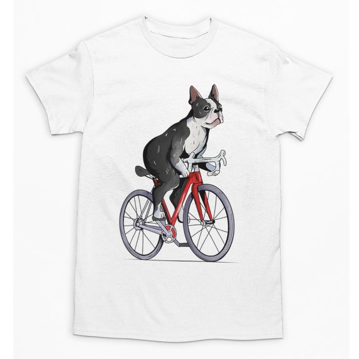 Boston Terrier Riding Bicycle Cute Bostie Biker Raglan Baseball Tee Unisex T-Shirt