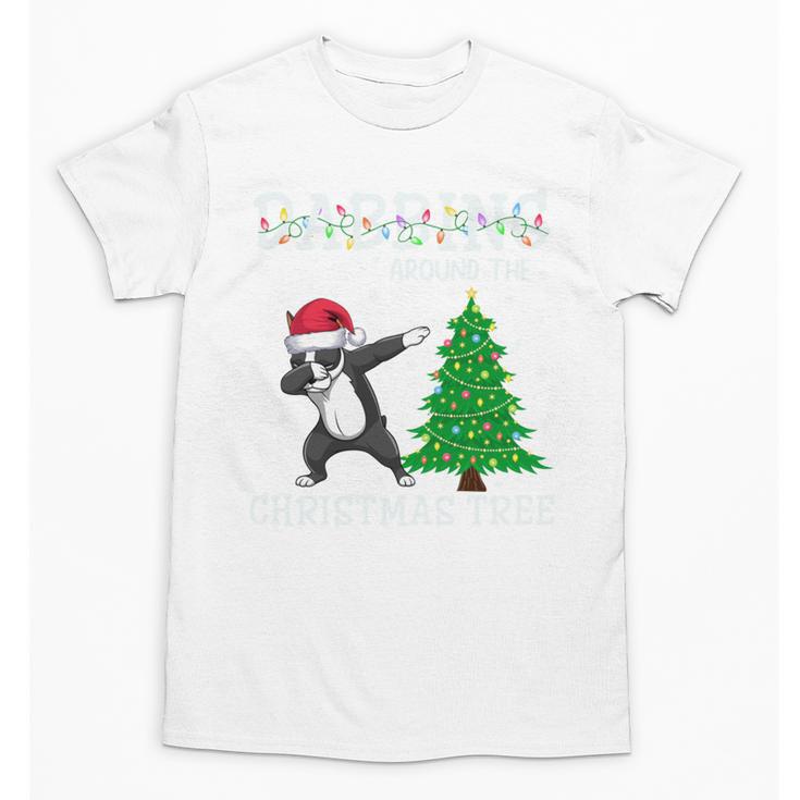 Boston Terrier Santa Hat Dabbing Around The Christmas Tree Unisex T-Shirt