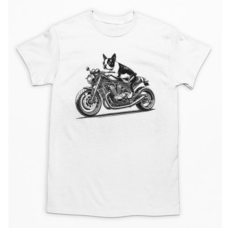 Cool Boston Terrier Riding a Motorcycle Biker Dog Lover For Men Women Kids Unisex T-Shirt