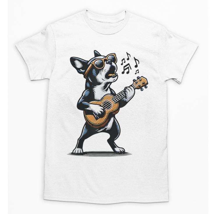 Dog Playing Guitar Singing Boston Terrier  For Men Women Girls Kids Unisex T-Shirt
