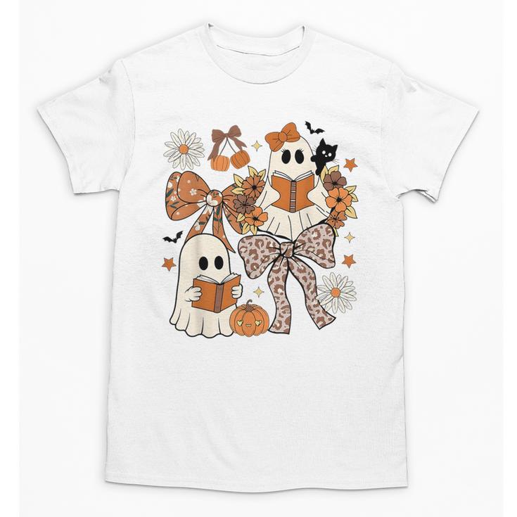 Ghost Reading Books Halloween Bow Spooky Teacher Student Unisex T-Shirt
