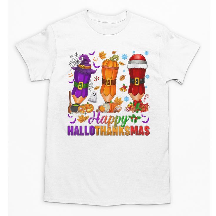 Happy Hallothanksmas Halloween Thanksgiving Pencils Teachers Unisex T-Shirt