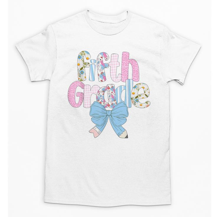 Preppy Fifth Grade Teacher Blue Floral Coquette Pencil Bow Unisex T-Shirt