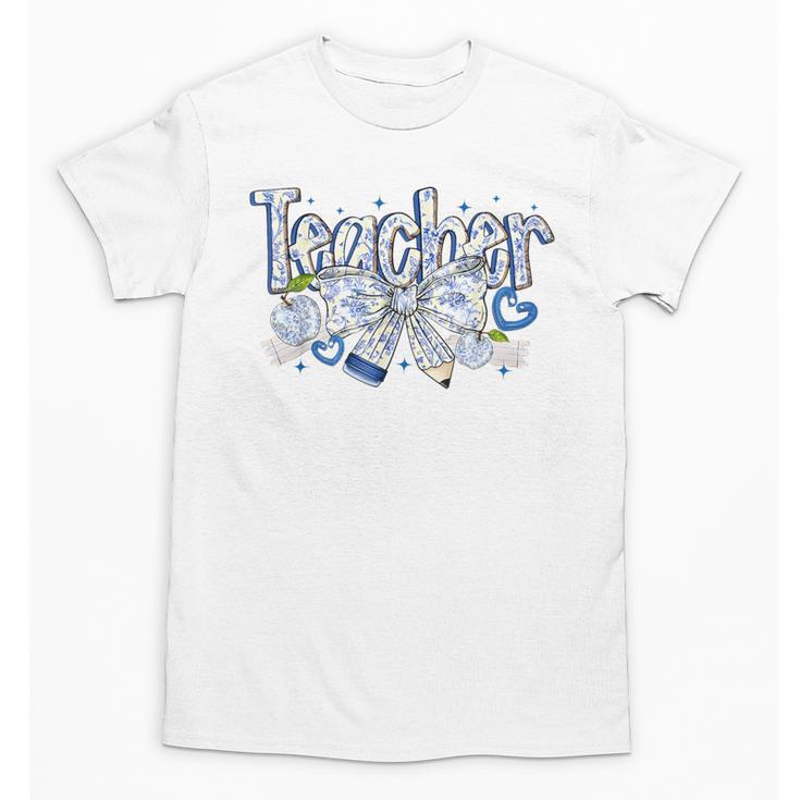 Teacher Blue Chinoiserie Coquette Bow Heart Teacher Life Unisex T-Shirt