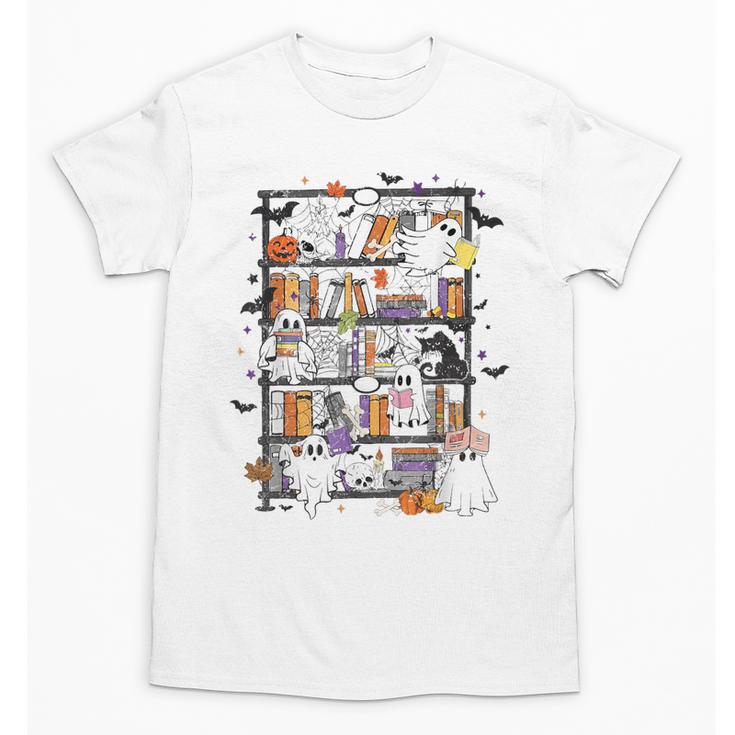 Teacher Library Ghost Reading Book Halloween Cat Unisex T-Shirt